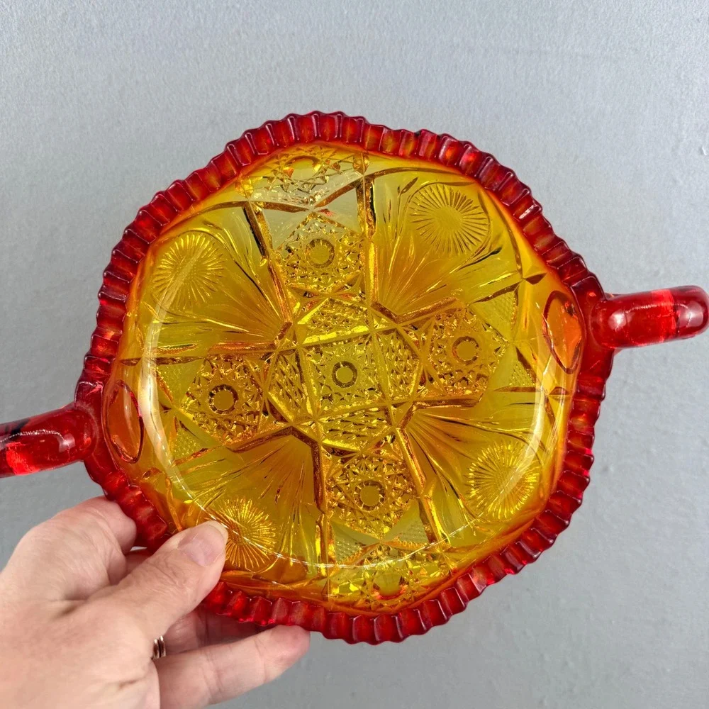 Vintage L.E. Smith Amberina Glass Daisy and Button‎ Two Handled Bon Bon Dish